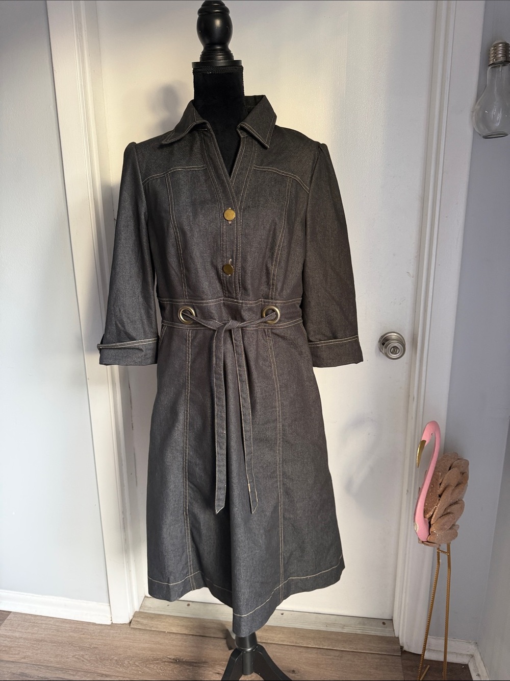 Robert Louis Dark Wash Denim Dress Size M 3/4 Sleeve Belted A-Line